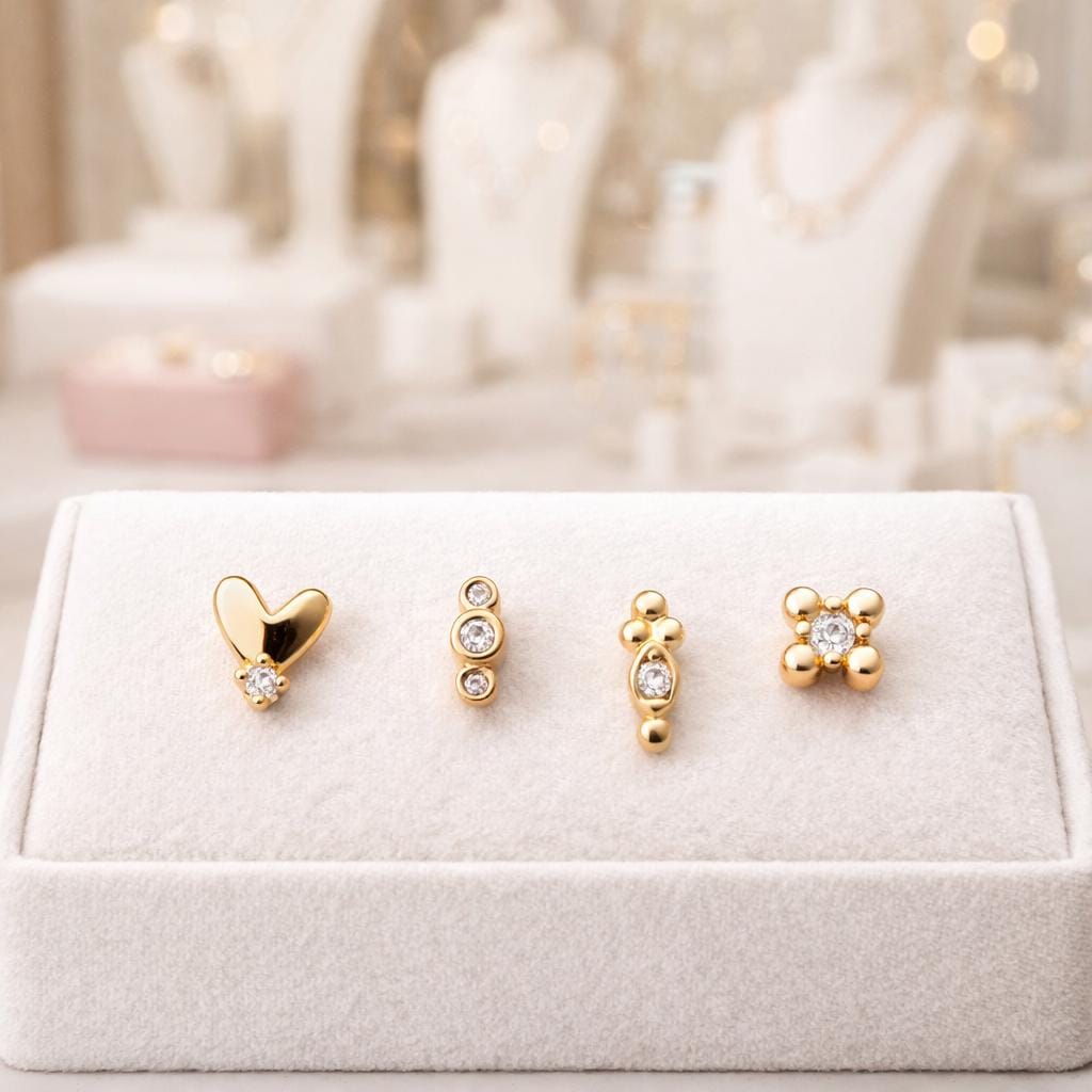 10pcs CZ Pave Gold/ Silver Tone Tiny Earrings, Gold/ Rhodium Plated Brass, Dainty Minimalist Stud Earrings (GB-4021)